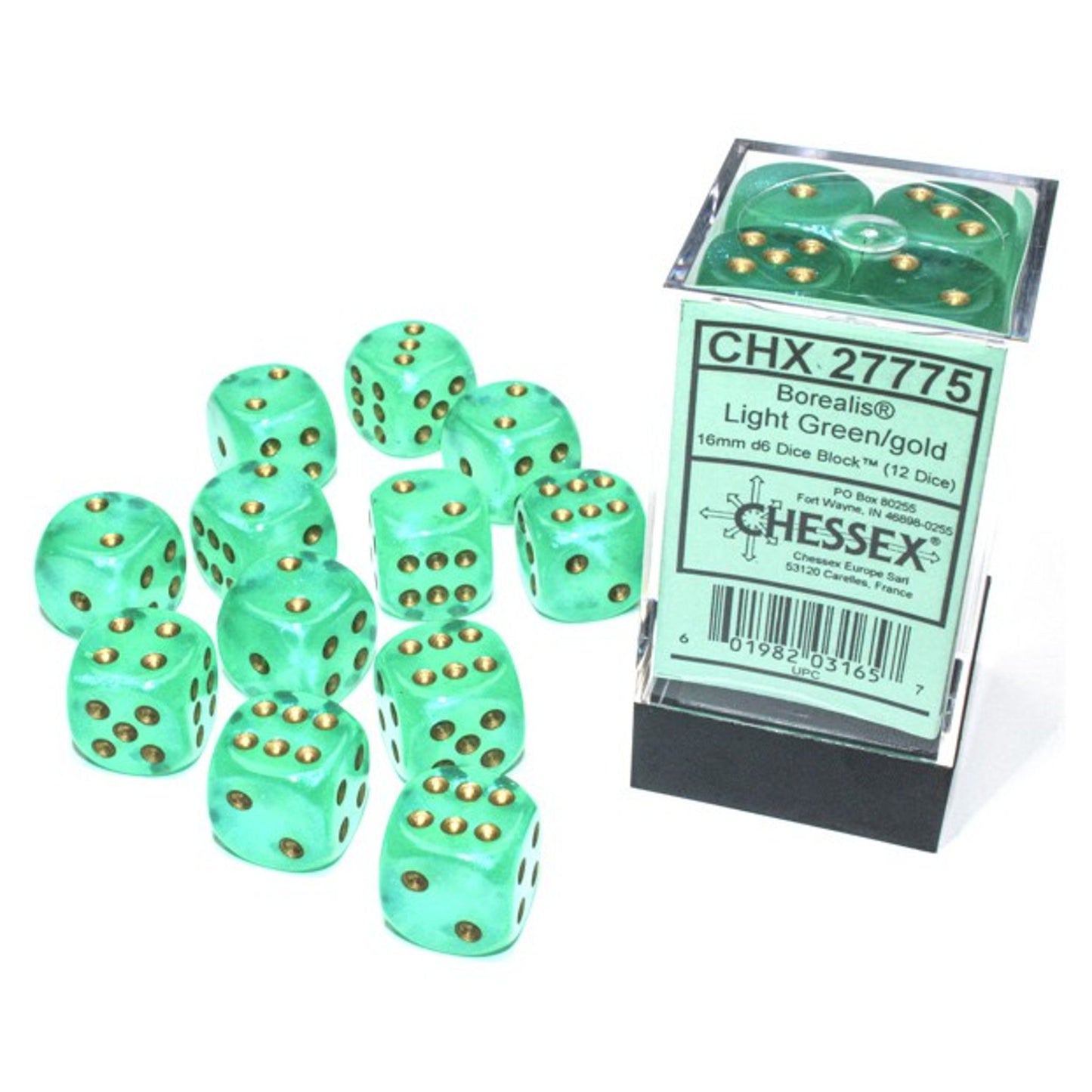 Chessex Borealis Luminary Dice 16mm Light Green, Pack of 12