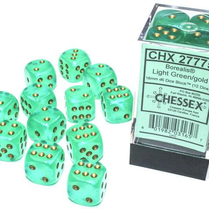 Chessex Borealis Luminary Dice 16mm Light Green, Pack of 12
