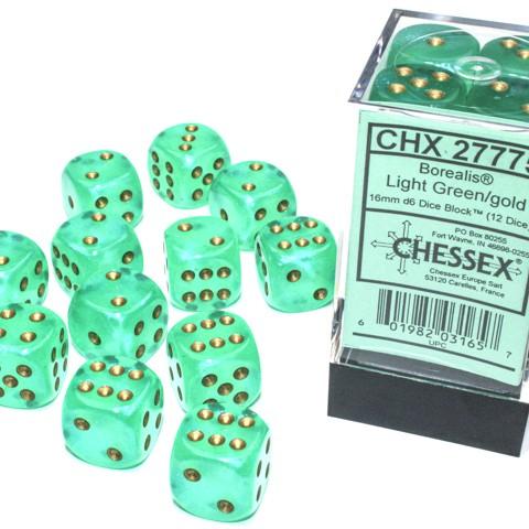Chessex Borealis Luminary Dice 16mm Light Green, Pack of 12
