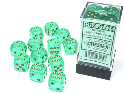 Chessex Borealis Luminary Dice 16mm Light Green, Pack of 12